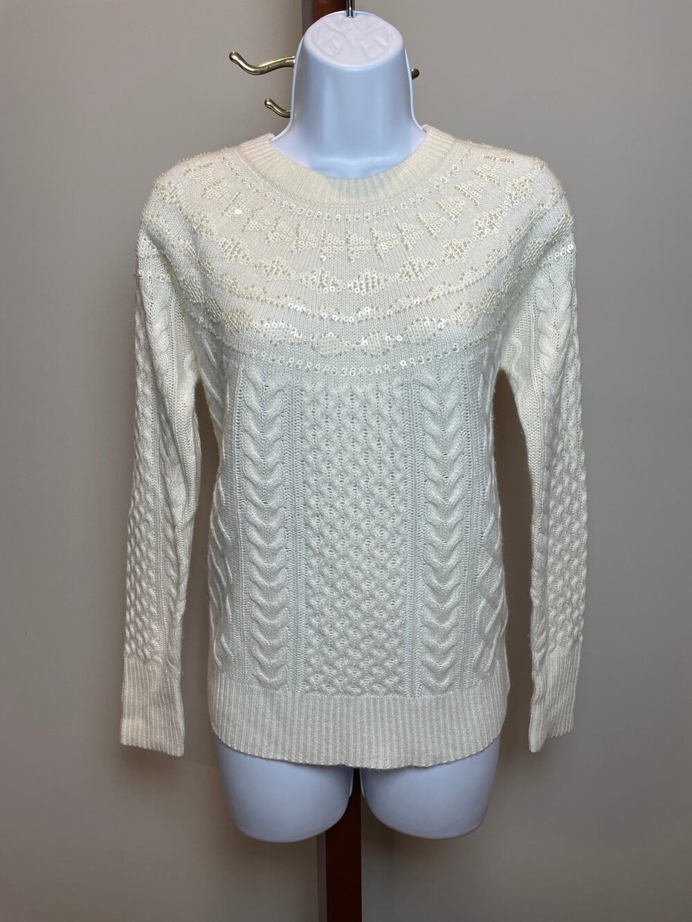 Vineyard Vines Cable Knit Merino Wool Cashmere Sequin Sweater Size XXS Cream